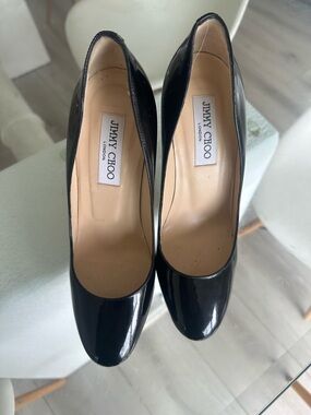 Jimmy Choo Black Patent Leather Rounded Toe Pumps